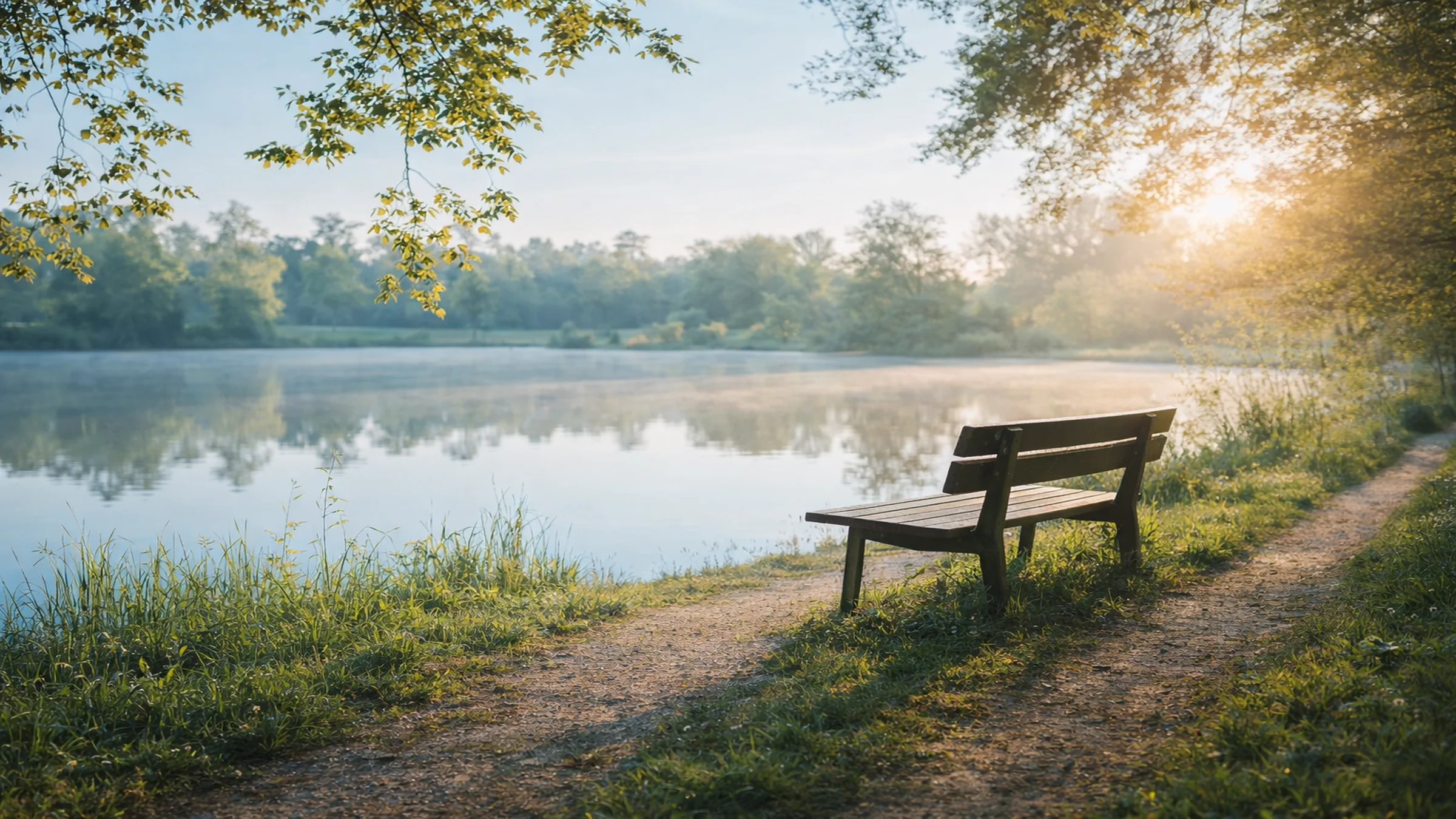 An empty bench next to a lake in early morning